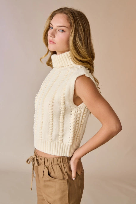 WILLOW TURTLE NECK TEXTURED KNIT VEST-CREAM