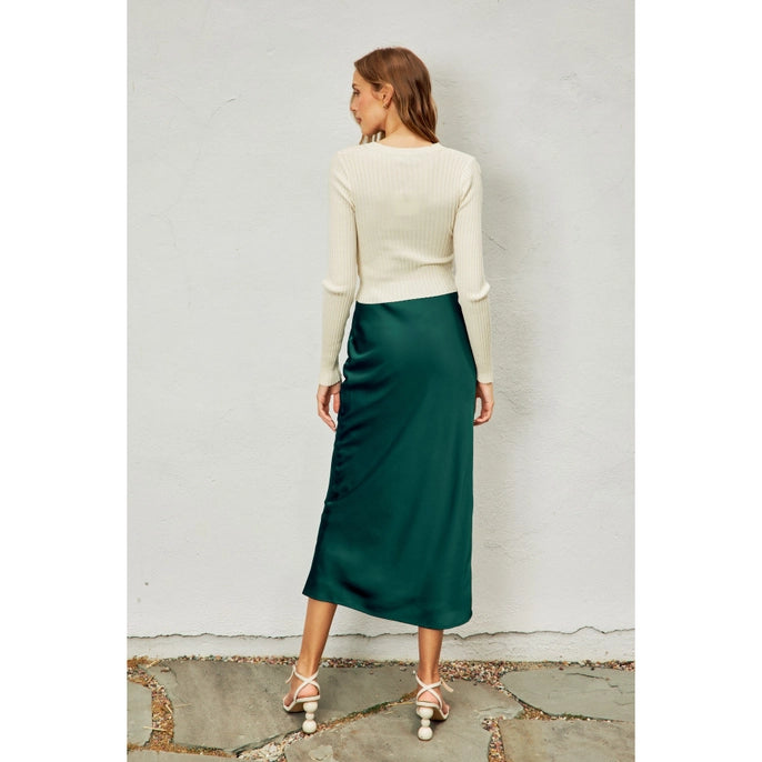 GOING OUT SATIN MAXI SKIRT-DARK GREEN