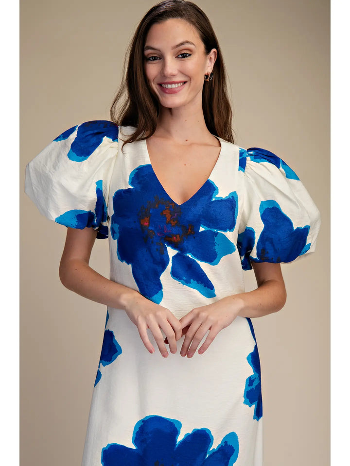 PUFF SLEEVE FLORAL MAXI DRESS-ROYAL