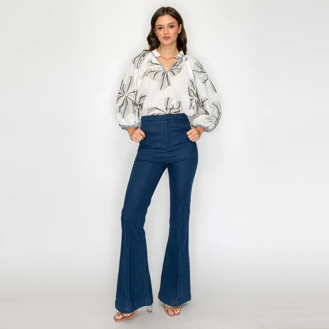 PALM BREEZE BLOUSE-WHITE/NAVY
