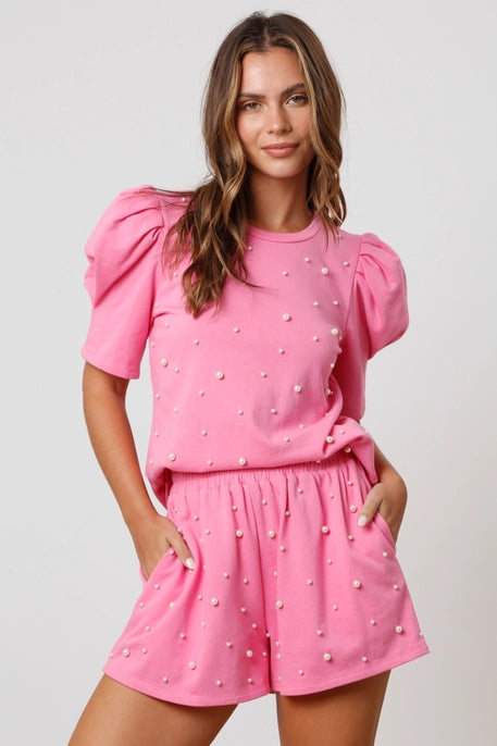 ALL OVER PEARL PUFF SLEEVE TEE-PINK
