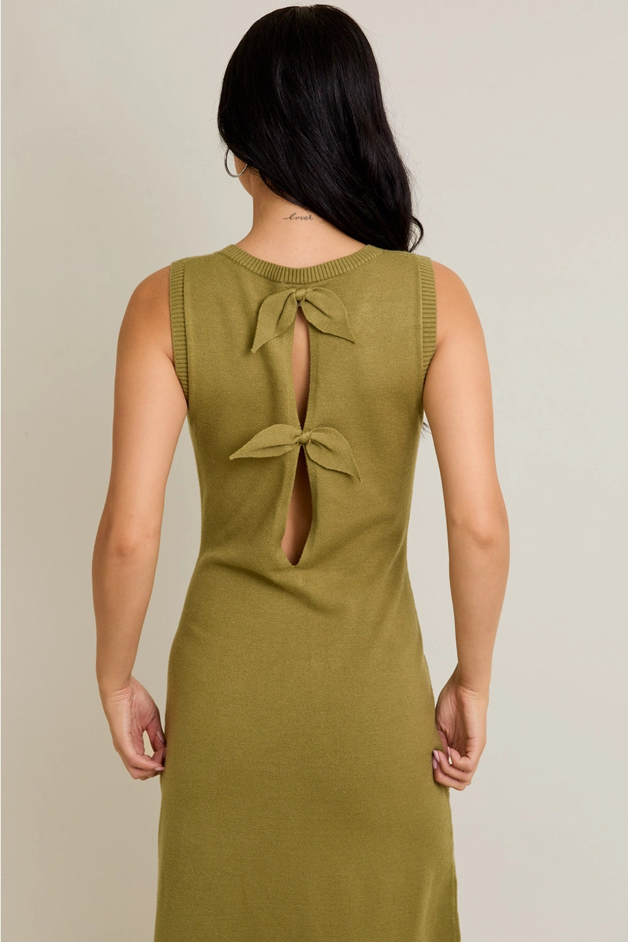 BACK TIE DETAIL SWEATER MIDI DRESS-OLIVE