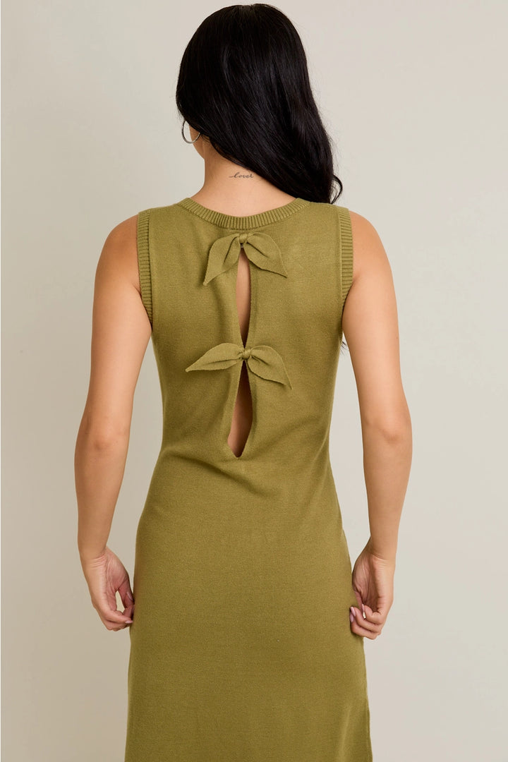 BACK TIE DETAIL SWEATER MIDI DRESS-OLIVE