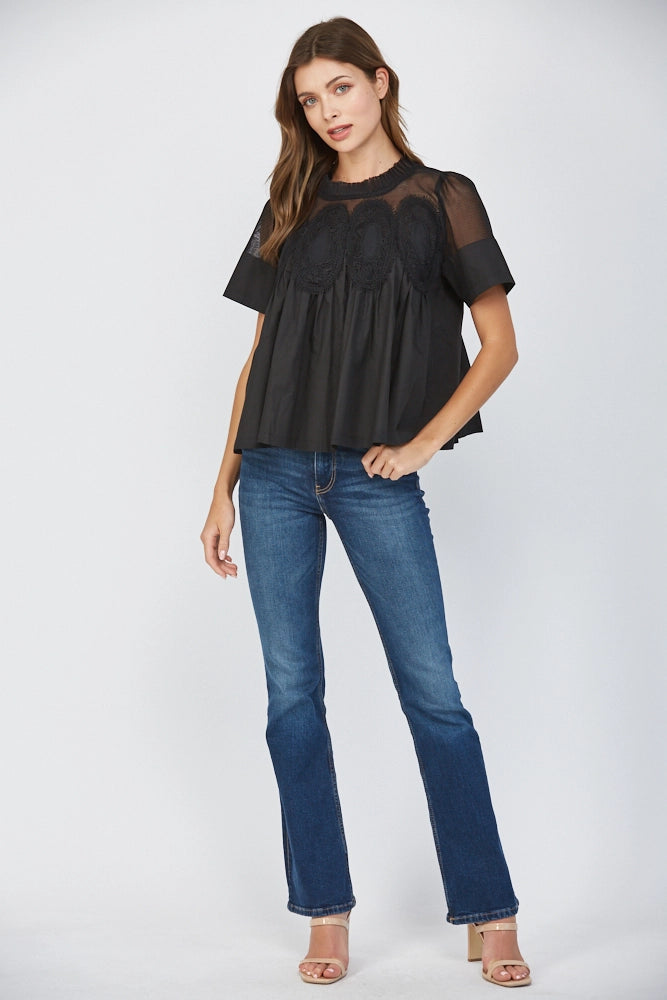 MESH AND APPLIQUÉ BLOUSE-BLACK