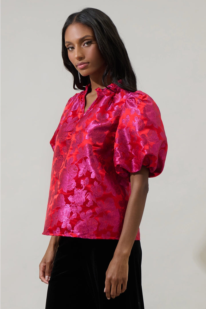 DUSON FLORAL JACQUARD TOP-PINK/RED