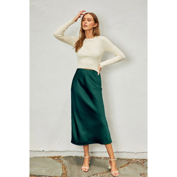 GOING OUT SATIN MAXI SKIRT-DARK GREEN