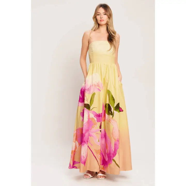 FLORAL STRAPLESS MAXI DRESS-LIGHT YELLOW