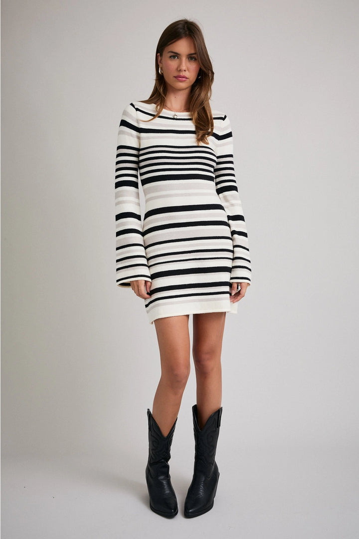 BELL SLEEVE STRIPED MINI SWEATER DRESS-BLACK/WHITE