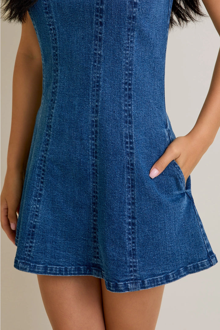 ROUND NECK SLEEVELESS DENIM MINI DRESS-DENIM