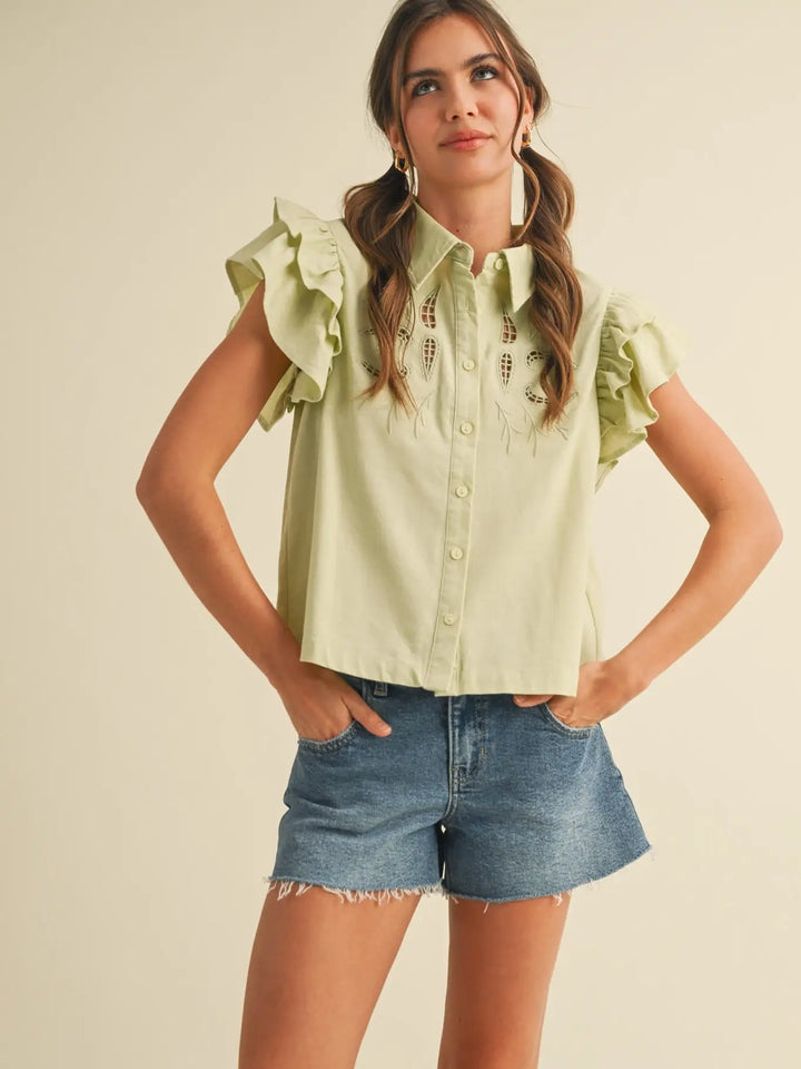 EMBROIDERED CUT OUT TOP-SAGE LIME