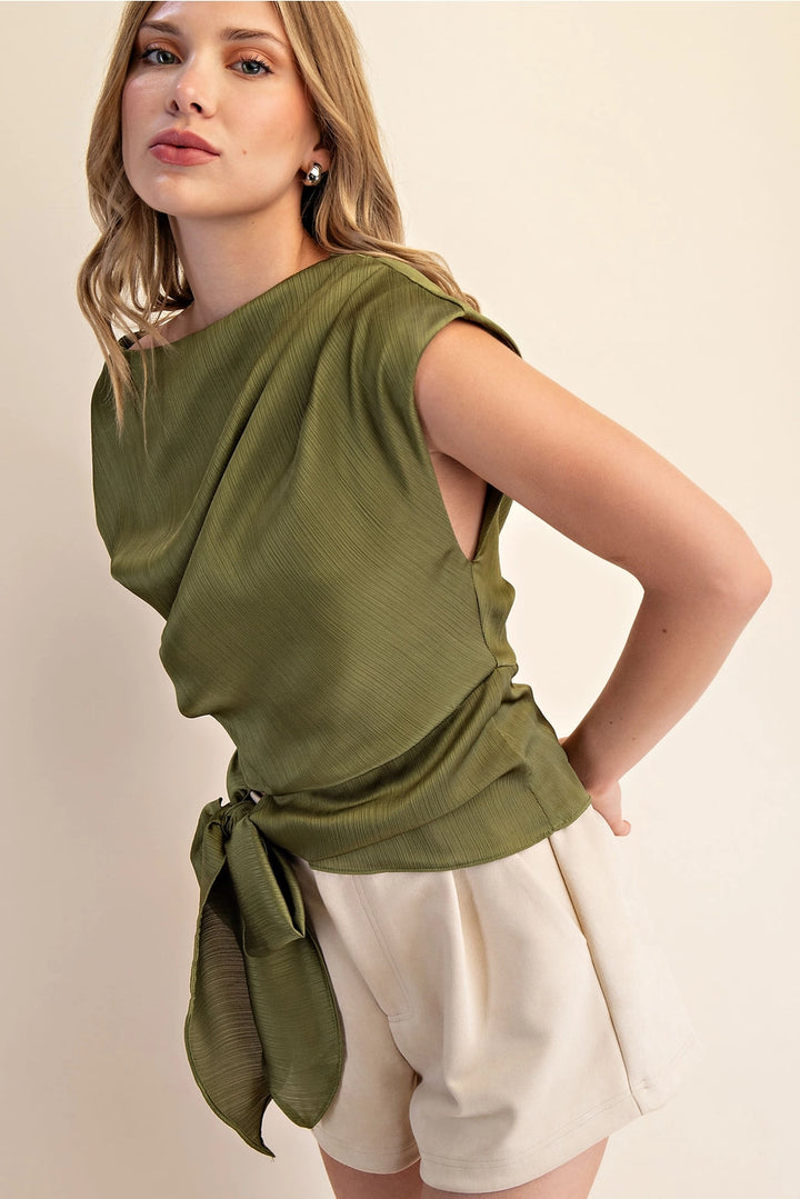 BOAT NECK WAIST TIE BLOUSE-OLIVE