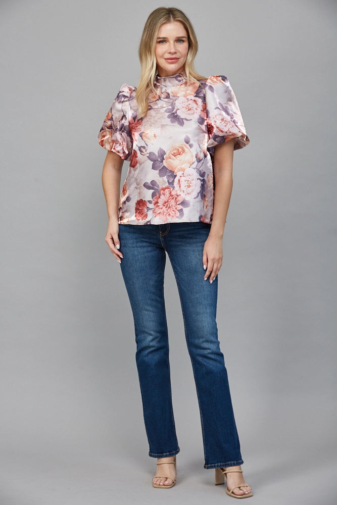 FLORAL MOCK NECK BLOUSE-MAUVE/MULTI