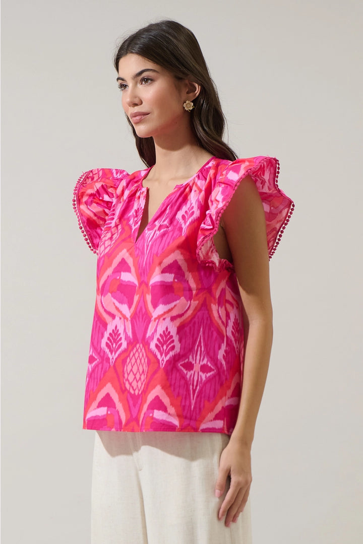 PRISSA IKAT CARYA POPLIN TOP-MAGENTA/CORAL