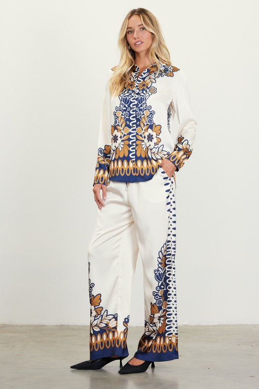 PRINTED BORDER PRINT SATIN PANT-MUSTARD/NAVY