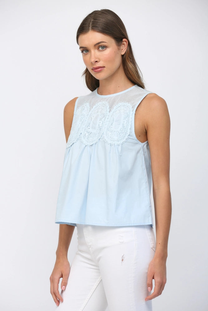 CONTRAST YOKE DETAIL LACE TOP-BABY BLUE