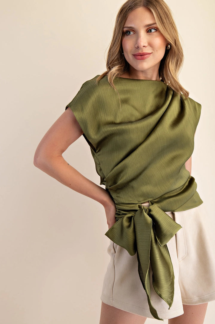 BOAT NECK WAIST TIE BLOUSE-OLIVE