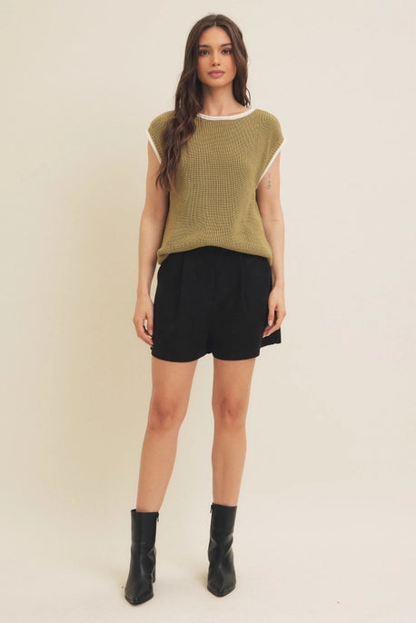 CONTRAST EDGE KNIT SWEATER-MATCHA