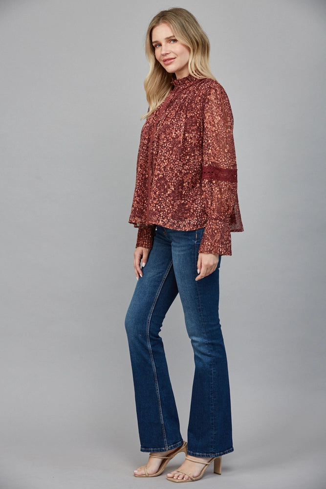 FLORAL PRINT LUREX BLOUSE-BURGUNDY/MULTI