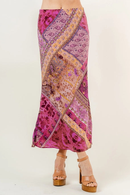 PAISLEY BANDANA PRINT MAXI SKIRT-MAUVE