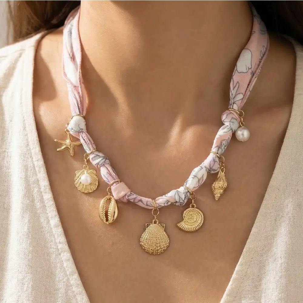 SEA LIFE CHARMS BANDANA NECKLACE-BABY PINK