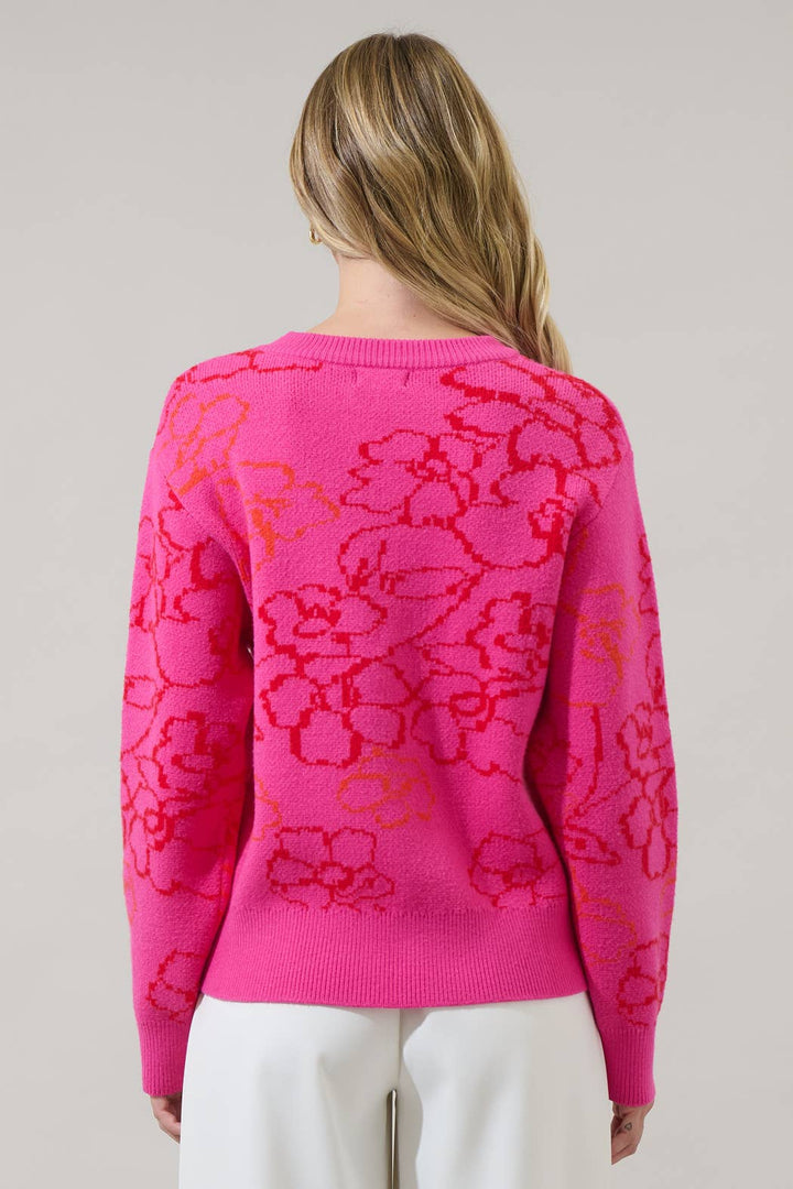 FLORAL DROPPED SHOULDER SWEATER-FUSCHIA/ORANGE