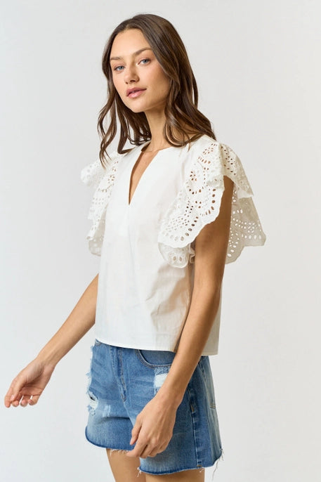 COTTON EYELET RUFFLE SLEEVE TOP-OFF WHITE