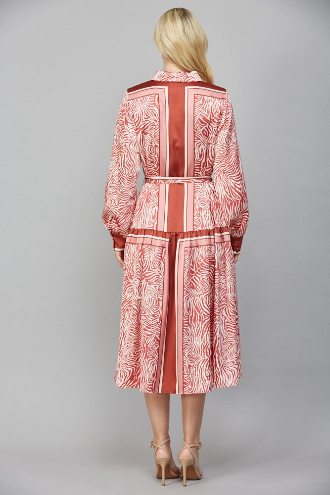 ANIMAL PRINT TIE WAIST SATIN SHIRT DRESS-IVORY/MULTI