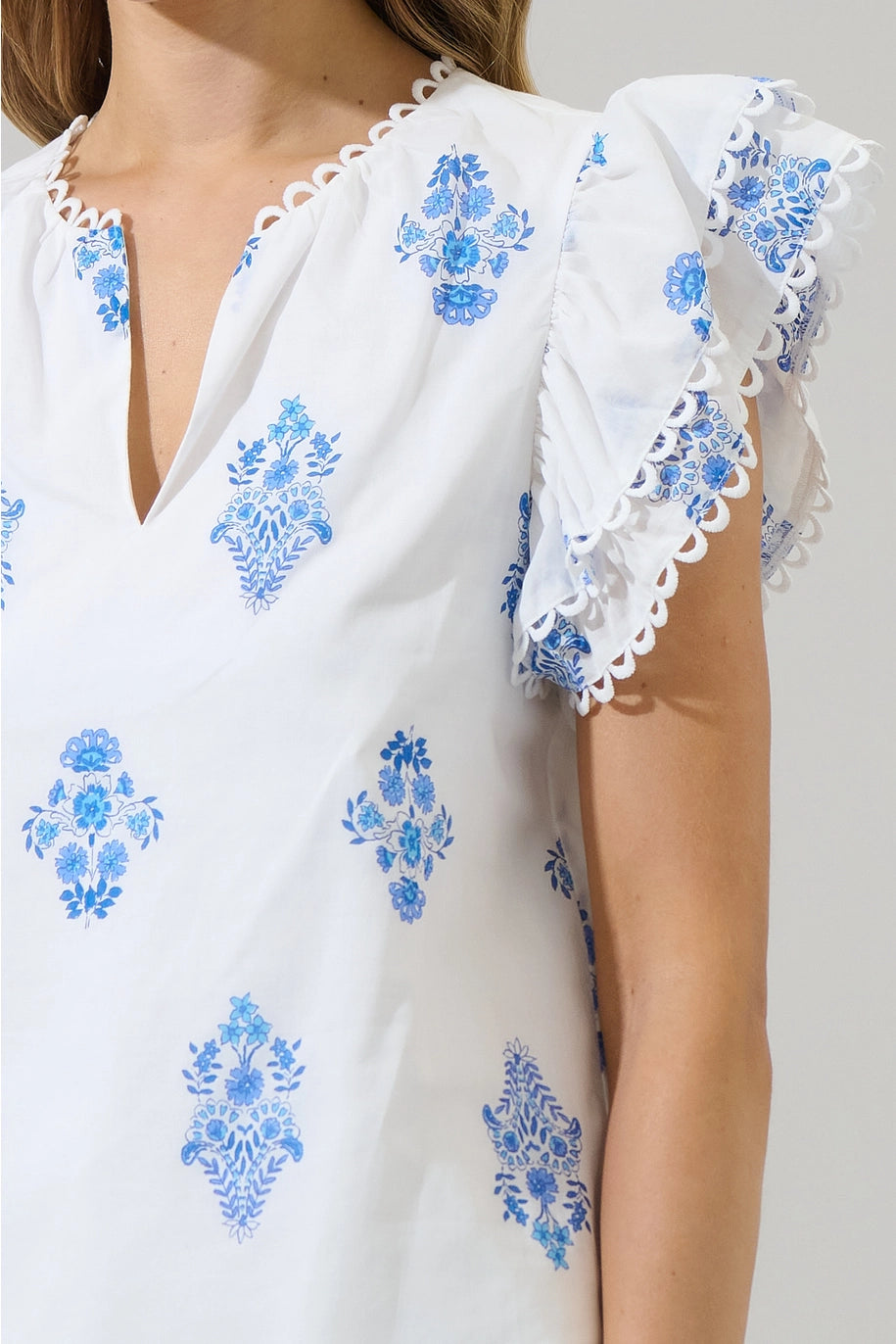 YILA FLORAL EMA RUFFLE TOP-WHITE/BLUE
