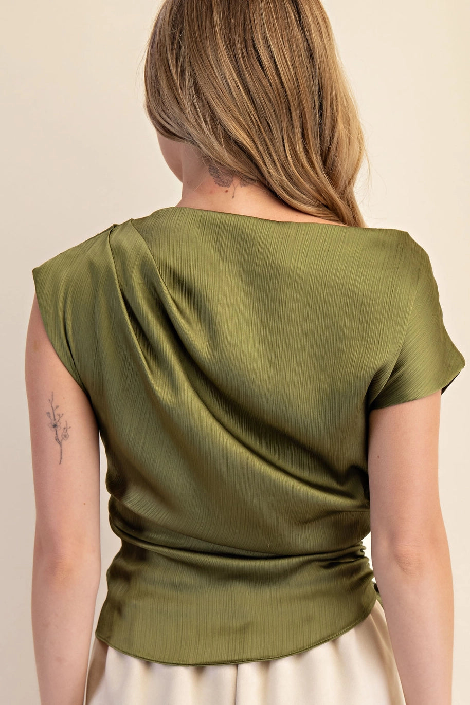 BOAT NECK WAIST TIE BLOUSE-OLIVE