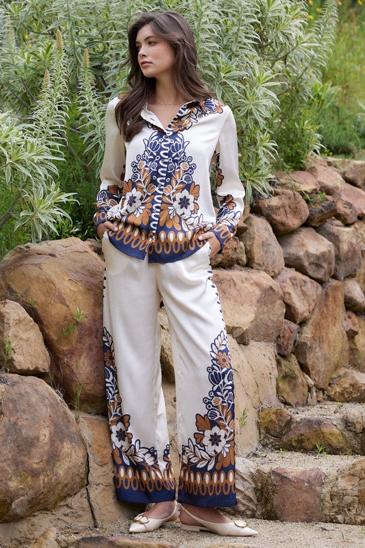 PRINTED BORDER PRINT SATIN PANT-MUSTARD/NAVY