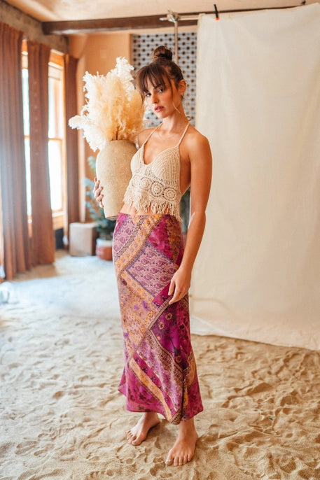 PAISLEY BANDANA PRINT MAXI SKIRT-MAUVE