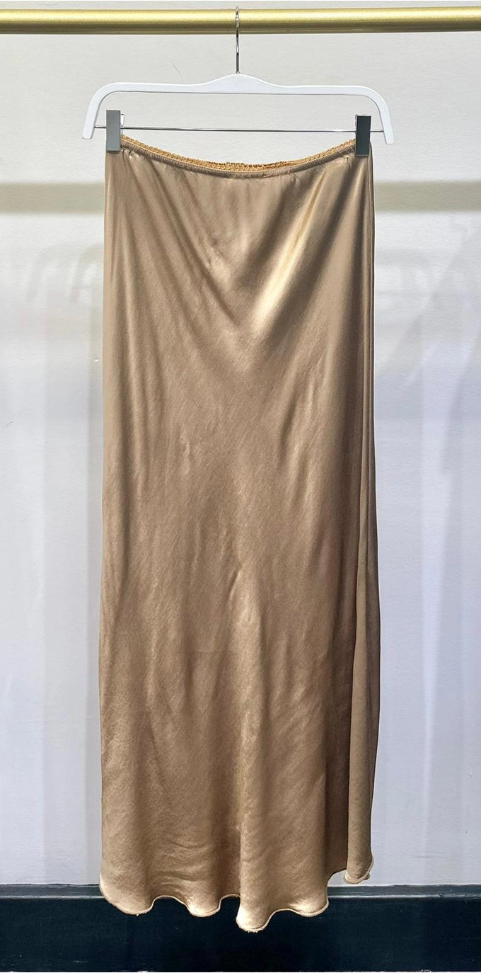 SILKY SLIP SKIRT WITH LACE WAISTBAND-CAMEL