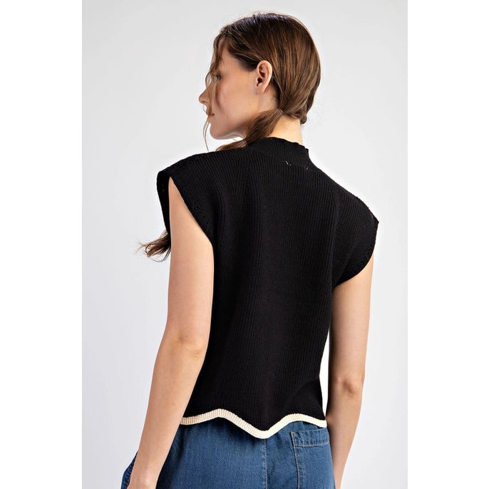 SOLID SHORT SLEEVE SWEATER TOP-BLACK