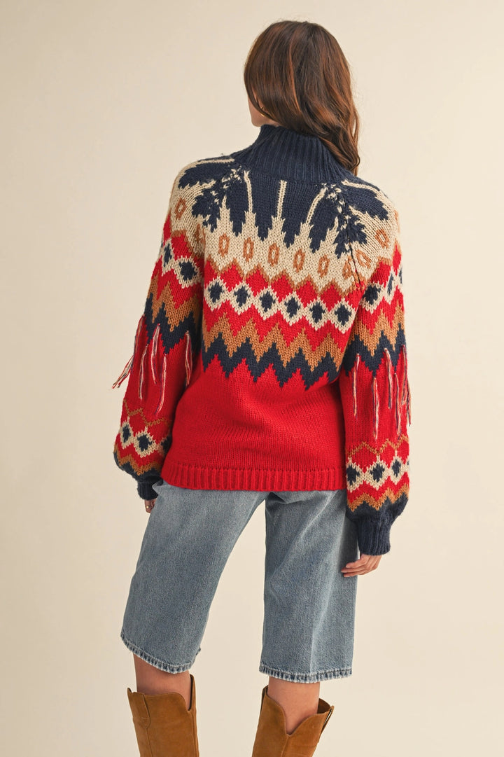 FAIR ISLE FRINGE SLEEVE SWEATER-RED/NAVY