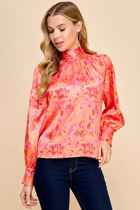 PRINTED LONG SLEEVE BLOUSE-CORAL