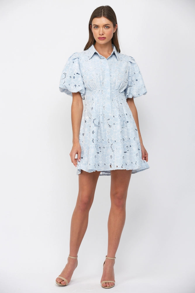 CUT OUT FLORAL LACE BUTTON DOWN MINI DRESS-BABY BLUE