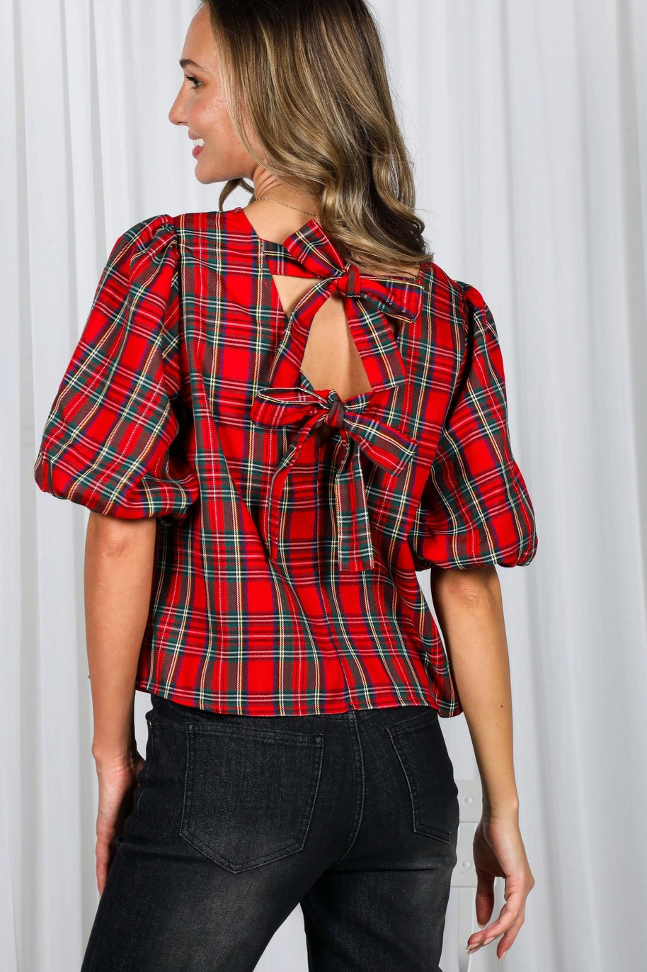 BOW ACCENT BACK PLAID BLOUSE-RED