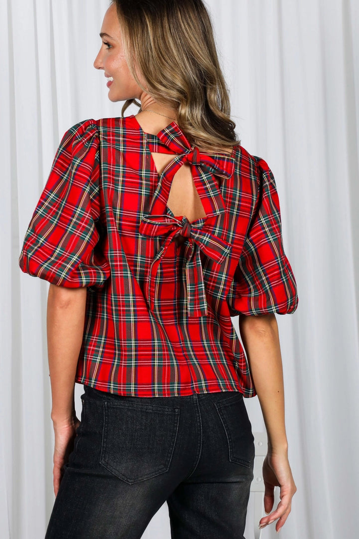 BOW ACCENT BACK PLAID BLOUSE-RED