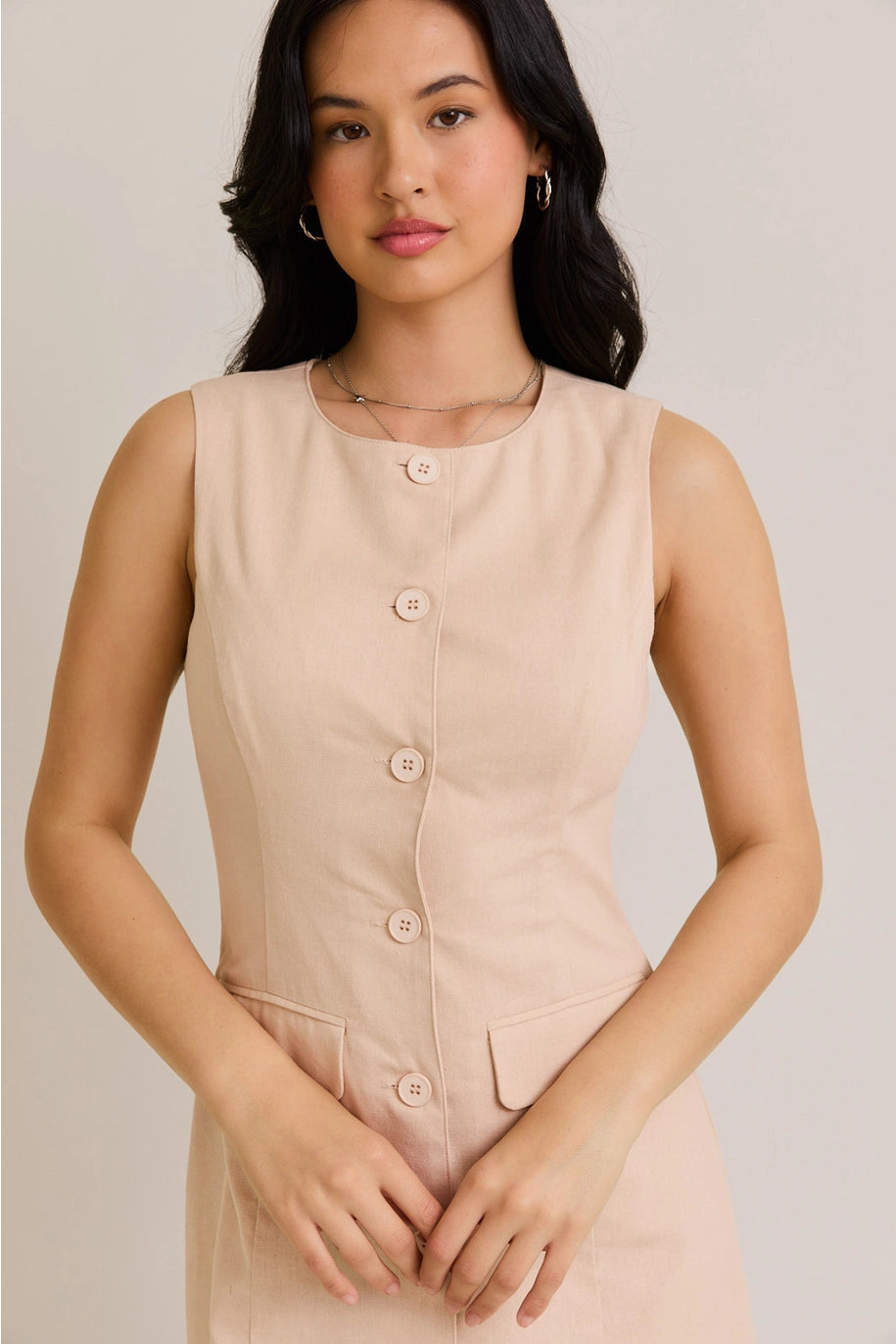 SLEEVELESS BLAZER DRESS-TAUPE