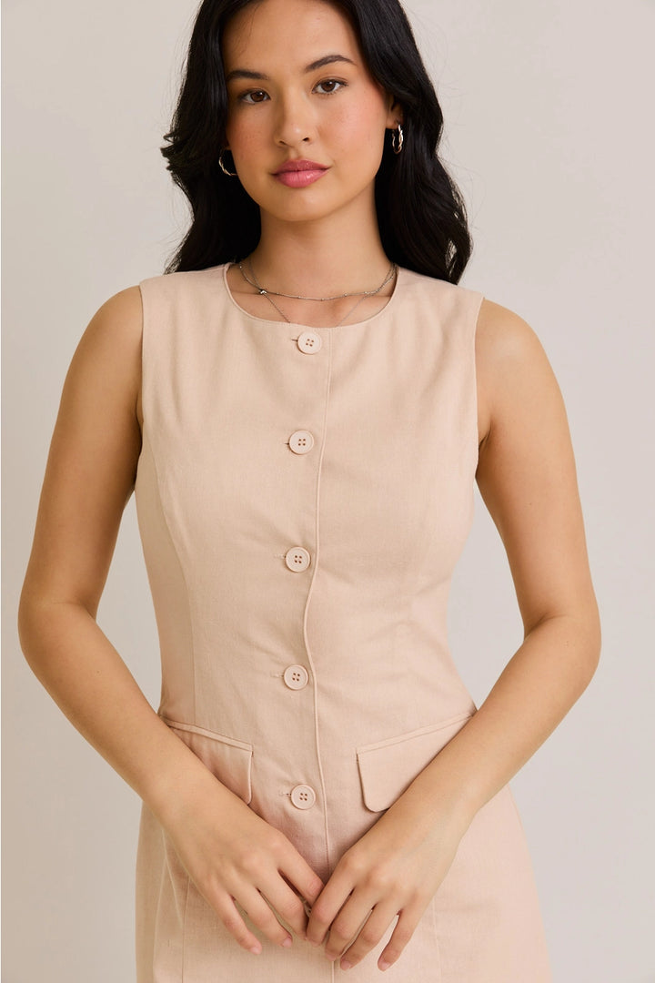 SLEEVELESS BLAZER DRESS-TAUPE