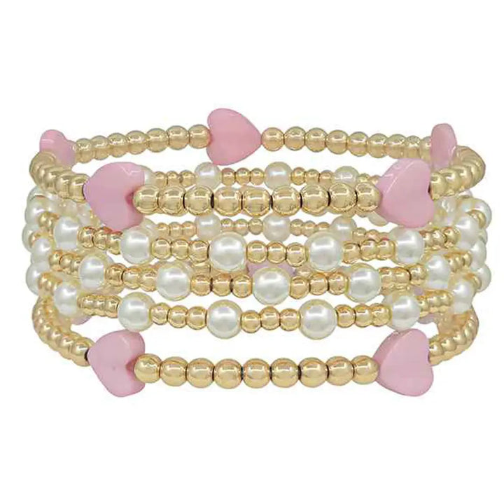 COLOR COATED HEARTS ACCENT BRACELET-CREAM/PINK