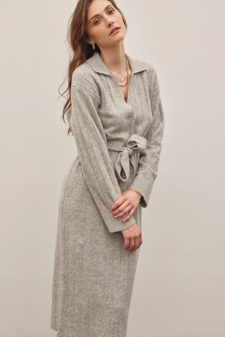 RIBBED SWEATER MIDI DRESS-HEATHER GREY