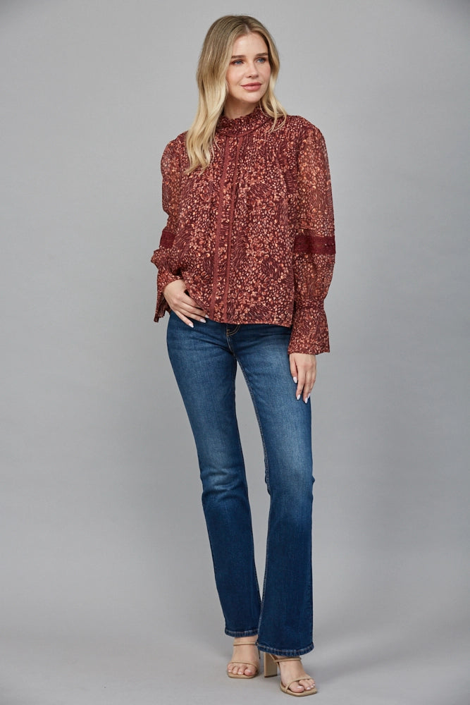 FLORAL PRINT LUREX BLOUSE-BURGUNDY/MULTI