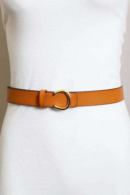 MINIMALIST GOLD HORSESHOE BELT-CAMEL