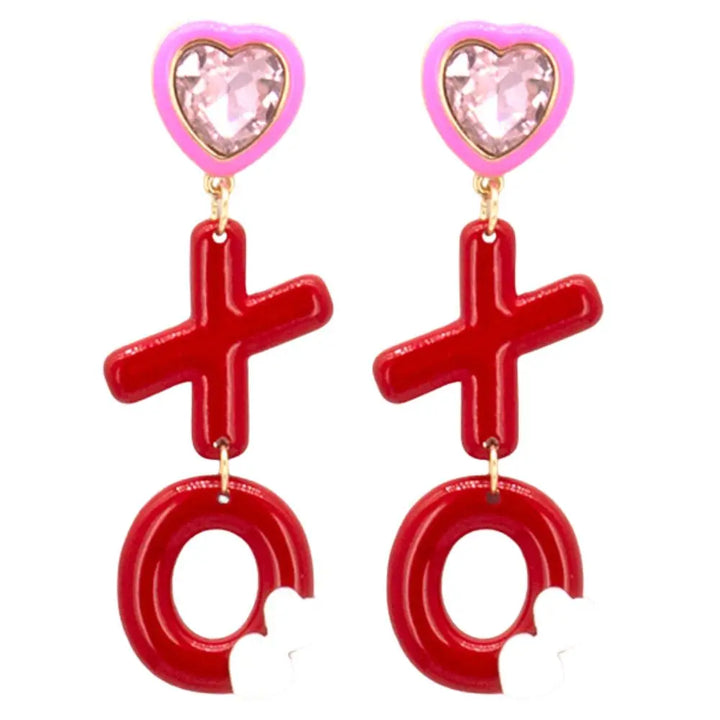 XOXO HEART SHAPE CRYSTAL DANGLE EARRING-RED