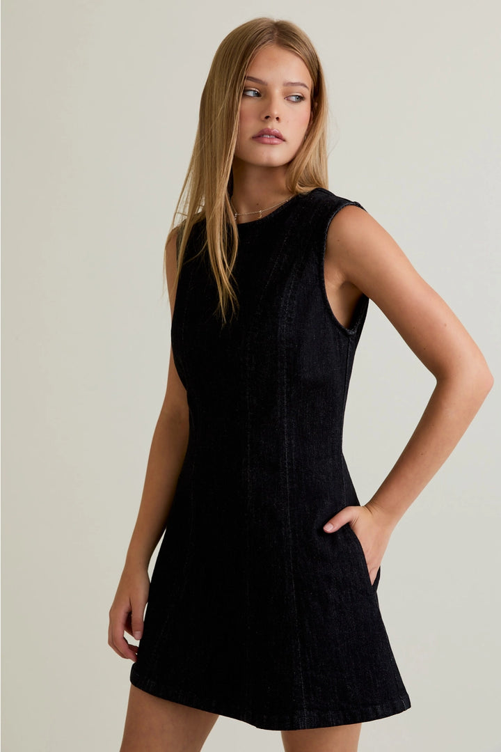 ROUND NECK DENIM MINI DRESS-BLACK