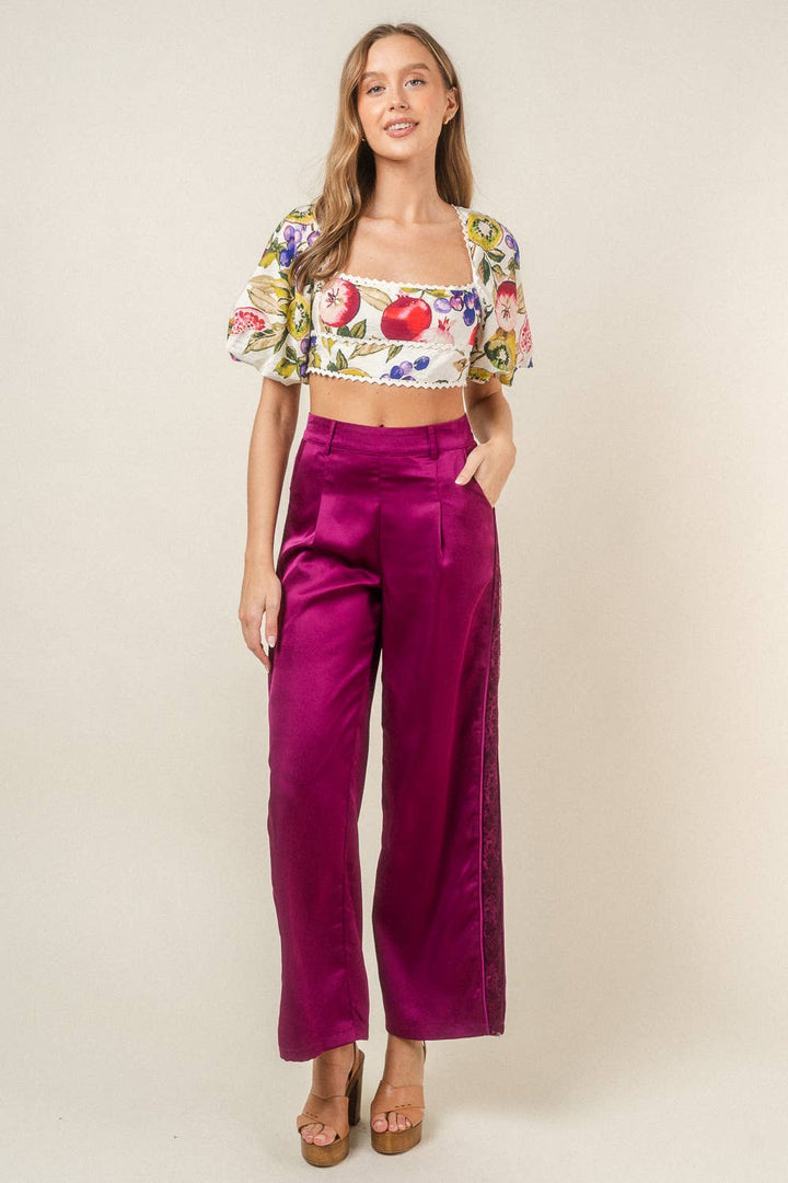 SATIN DRESSY PLEATED LACE CONTRAST TROUSERS-Plum