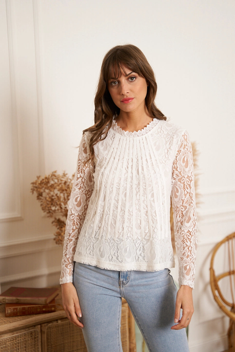 TIFFANY LONG SLEEVE LACE BLOUSE-BLANC