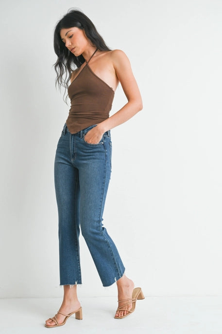 PIPER HIGH RISE CROP FLARE W/ DISTRESSED HEM-DARK DENIM