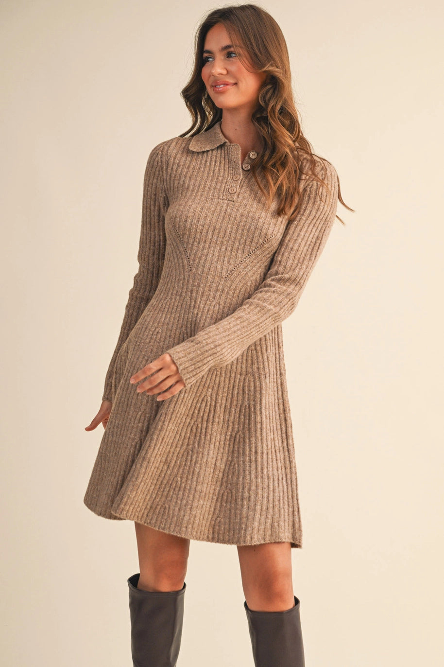 RIBBED SWEATER MINI DRESS-MOCHA